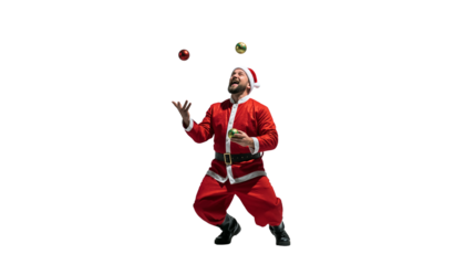 A man dressed as santa claus joyfully juggling colorful balls while wearing a festive hat and outfit png with transparency