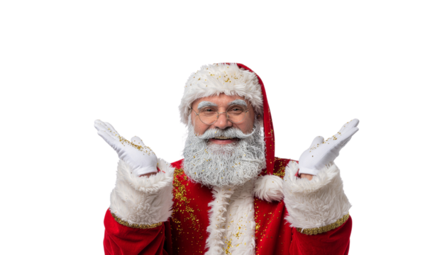 Jolly man in a red and white santa suit with a fluffy beard and glasses gesturing happily with hands raised, plain white background