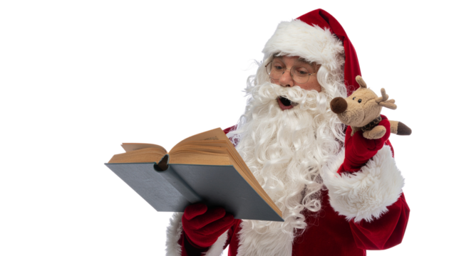 Santa claus in a red suit reading a book while holding a reindeer toy in his other hand against a pure white background - Powered by Adobe