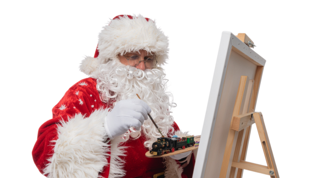 Santa claus in a red suit and white gloves painting on an easel with colorful paints and brushes in hand, object on white - Powered by Adobe