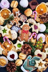 Many different sweet Christmas cookies, top view, holiday concept