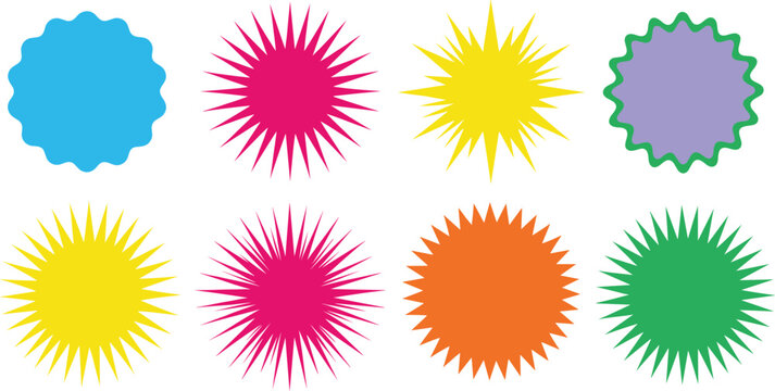 Vector collection of colorful starburst and sunburst shapes, ideal for promotional stickers, labels, and badges