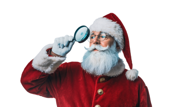 Santa claus wearing a red suit and hat, holding a magnifying glass, with a white background, isolated on white
