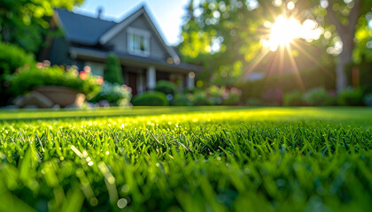 Naklejka premium Vibrant green lawn with soft focus house on background, backyard landscaping concept, fresh summer