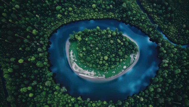 Aerial view of a lush green rainforest surrounding a dark blue river forming an isolated forested island a stunning natural landscape