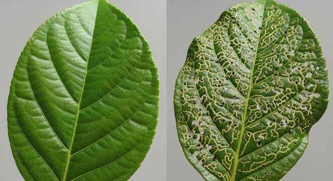 Healthy vs Damaged Leaf Comparison leaves green disease insect pest holes feeding nature plant botany biology macro close-up detail