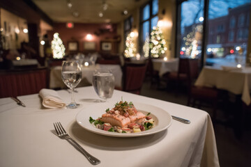 cozy american restaurant beautifully decorated for christmas evening featuring festive table setting