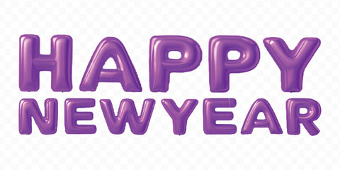 abstract 3d Happy New Year text effect made by different color foil balloons isolated on transparent background