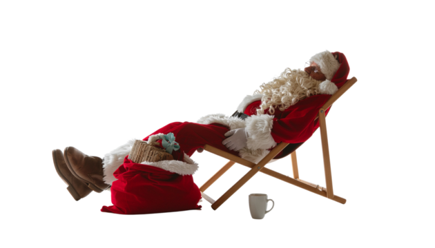 Santa claus relaxing in a deck chair with a cup and a bag of gifts beside him, isolated on a neutral background