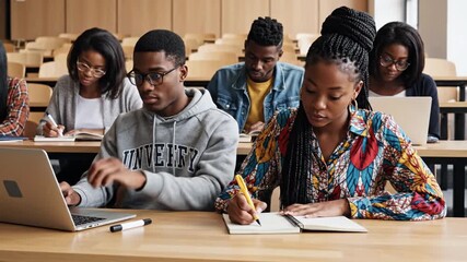 Diverse group of young adults attentively studying in a classroom setting with laptops and notebooks - Powered by Adobe