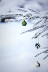 Snow covered fir branches with Christmas decorations on winter outdoor