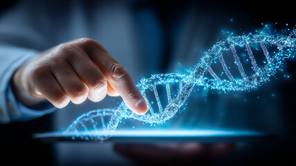 Doctor hand interacting with holographic DNA expresses digital diagnostics, precision medicine, and patient centric genomics.
