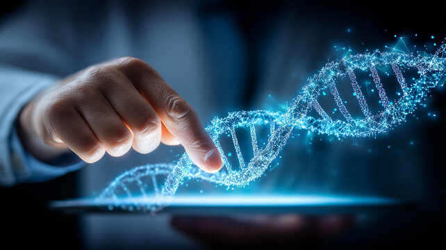 Doctor hand interacting with holographic DNA expresses digital diagnostics, precision medicine, and patient centric genomics.

