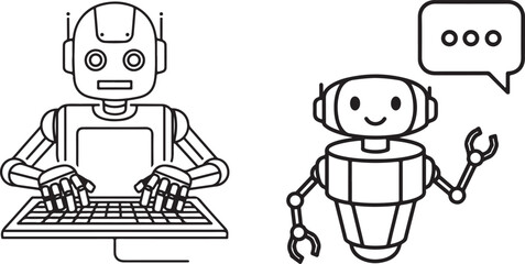 Black and White Line Art Robots Interacting with Keyboard and Chat Bubble