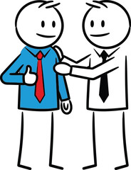 Two stick figure businessmen in suits shaking hands and giving a thumbs up gesture symbolizing agreement and partnership