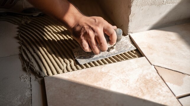 Tiler installing ceramic floor tiles with trowel in sunlit room &mdash; flooring installation