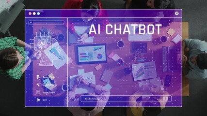 A vibrant office scene depicting a diverse team collaborating on an AI chatbot project, showcasing technology, discussion, and creativity among professionals. Raster