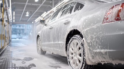Self-service car wash with foamy detergent on vehicle — automated cleaning bay