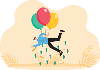 Personal inflationary crisis and Investment risks and bad debt conditions. Damage from the inflation crisis. household debt crisis, Businessman tied to bubble with hot air balloon
