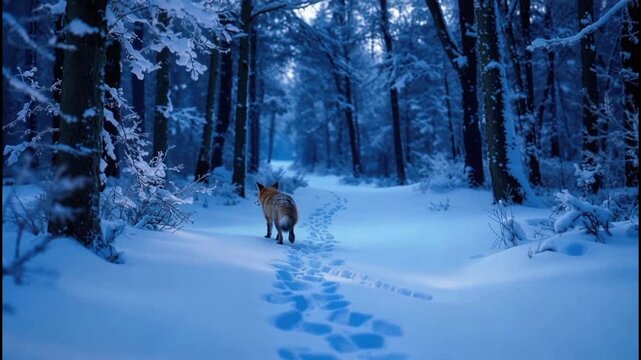 snowy woodland path with fox pausing and glancing back, hesitant step, deep blue hush, faint pawprints
