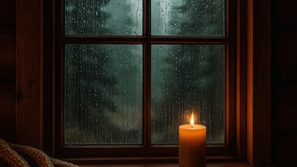 Cozy candlelit window during rain desktop wallpaper