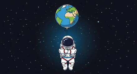 Minimalist and conceptual image of an astronaut floating in the black void of space, looking up towards a floating Planet Earth, representing separation or connection.