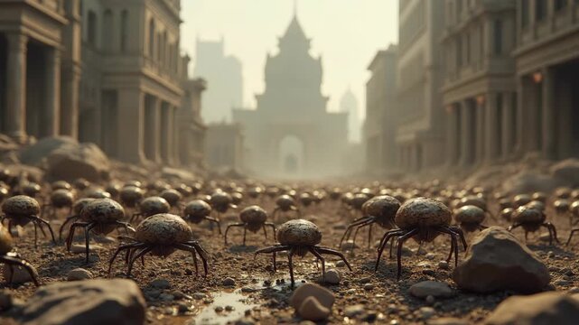 A swarm of small, insectoid invaders crawling over the ruins of a modern city
