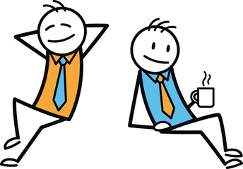Two relaxed stick figures in business attire enjoying a break with one holding a coffee cup and the other resting their arms behind their head