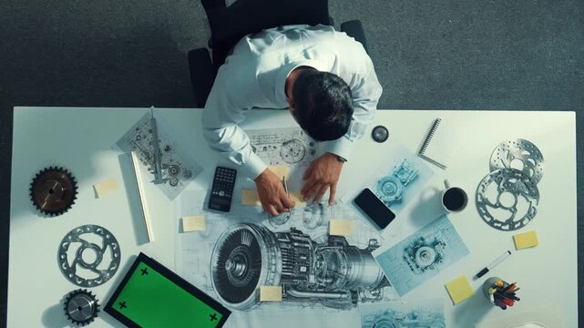 Top down view of skilled engineer writing and planning turbine engine design while sitting at meeting table with gear and electronic generator scatter around. Technician taking a note. Alimentation.