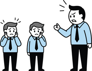 Fototapeta premium Angry boss yelling at scared employees who cover their ears in a cartoon style illustration
