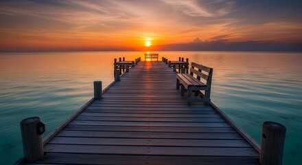 Wooden Pier Extending into Calm Ocean at Vibrant Sunset
