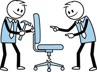 Two stick figures in business attire discussing and pointing at an office chair symbolizing teamwork and collaboration in the workplace