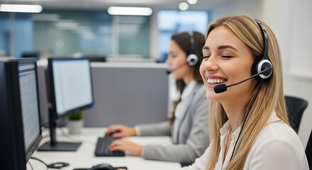 Young woman wearing headset working in a call center office