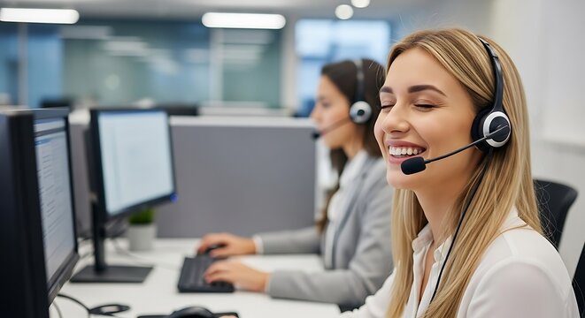 Young woman wearing headset working in a call center office - Powered by Adobe