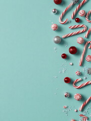 Fototapeta premium A blue background with a bunch of candy canes and other decorations