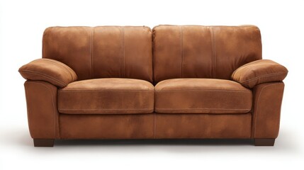 Fototapeta premium This cozy brown leather couch offers ample seating for two, making it ideal for living rooms or family areas. The soft texture adds warmth and comfort to any space.