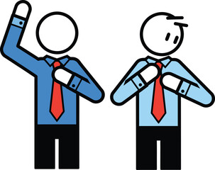 Two cartoon businessmen in suits and ties one raising hand in question or greeting the other with hands clasped