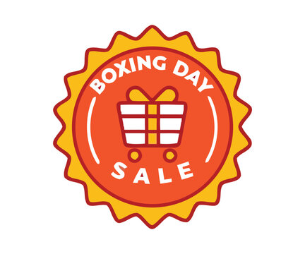 Boxing Day sale graphic featuring a shopping cart filled with a gift.