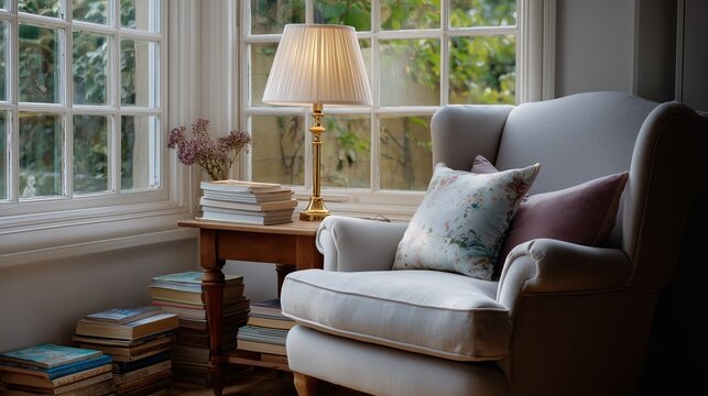 Cozy reading nook with soft light and books on a wooden table - Powered by Adobe
