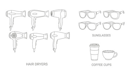 Line art illustration showcasing hair dryers sunglasses and coffee cups