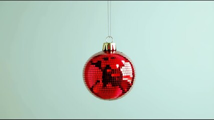 Christmas ornament rotating, red mirrored disco ball on light green background, festive decoration concept
- Powered by Adobe