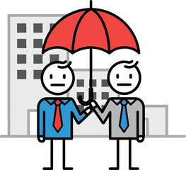 Two business people sharing a red umbrella for protection against the elements in front of a building