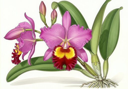 Group of pink cattleya orchids with buds and leaves isolated on white background