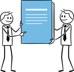 Two smiling stick figure businessmen in suits holding a large blue document or report together symbolizing teamwork and collaboration