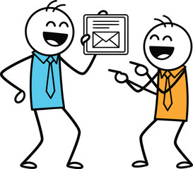 Two happy stick figures celebrating a successful email or message delivery with a clipboard and a smile