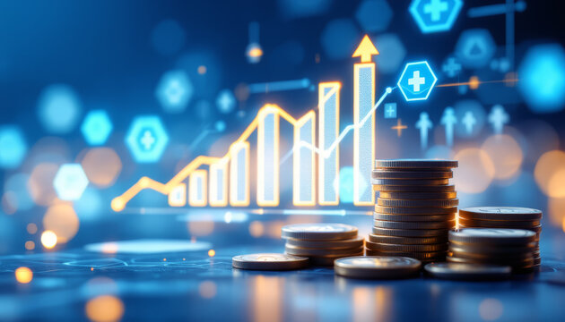 Glowing financial chart with rising bars and coins symbolizing growth and success.