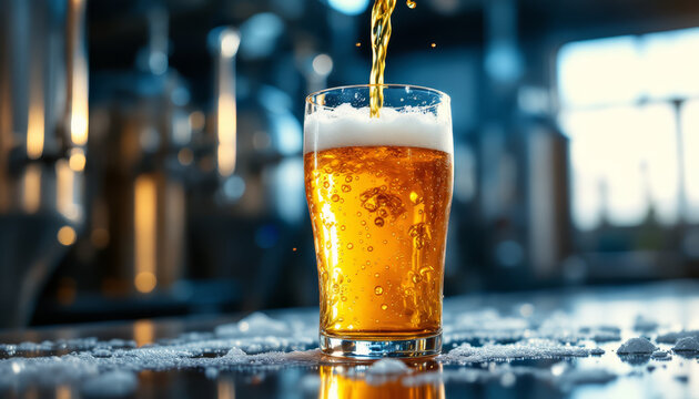 Golden ale is poured into a frothy glass with ice crystals on the counter. - Powered by Adobe