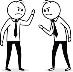 Two cartoon stick figures in business attire arguing and gesturing aggressively with angry expressions on white background