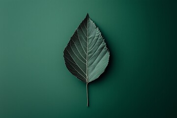 Single green leaf on a dark green background