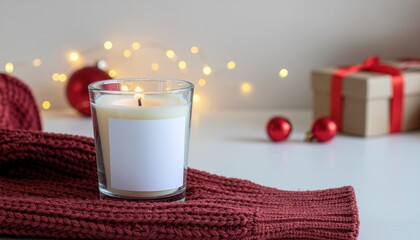 Pillar candle with blank label near red knitted sweater and Christmas decor against lights and wrapped presents, copy space. Warm winter family atmospheric mock up, Holiday time